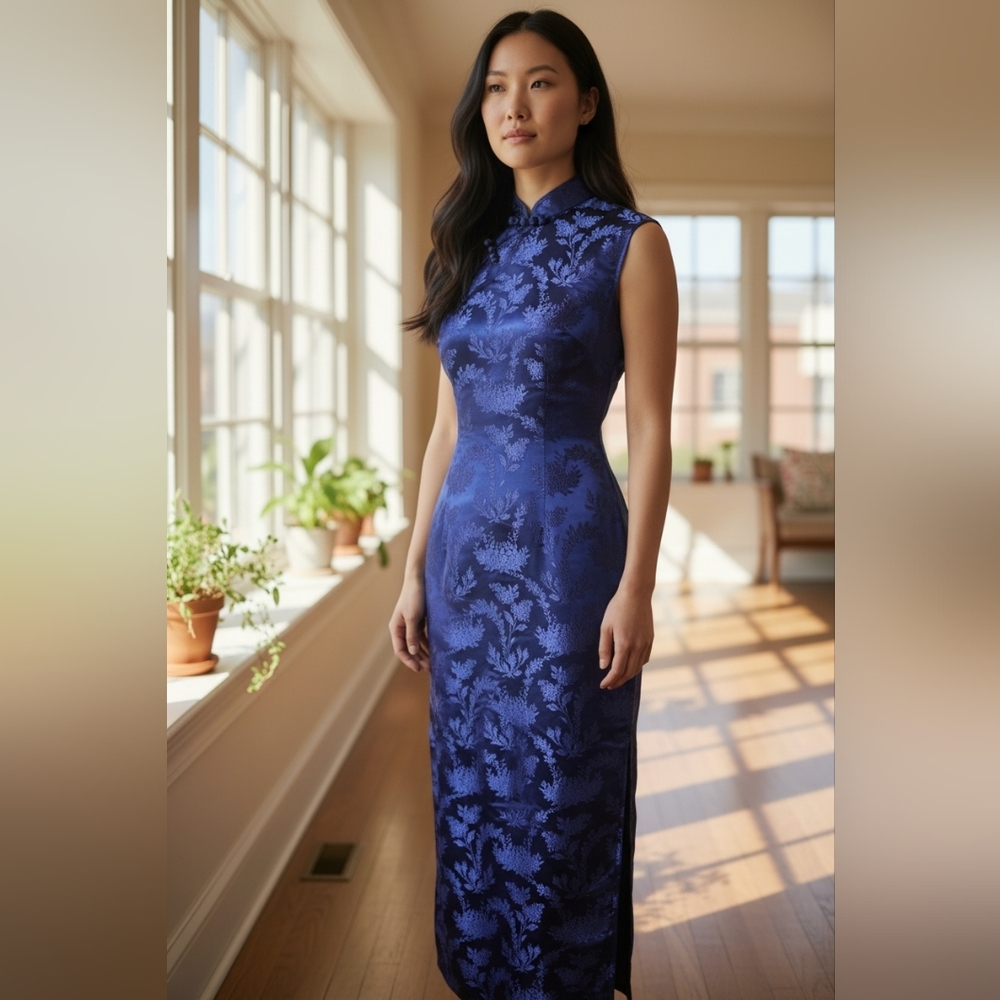 April Cornell Vtg Maxi Dress 90s Satin Prom Jewel Blue Cheongsam Y2K